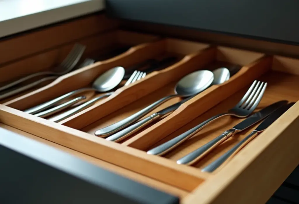 Gaveta de talheres organizada com organizadores de madeira