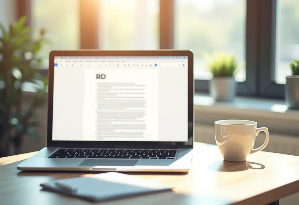 Google Docs aberto em um laptop sobre uma mesa de trabalho minimalista.