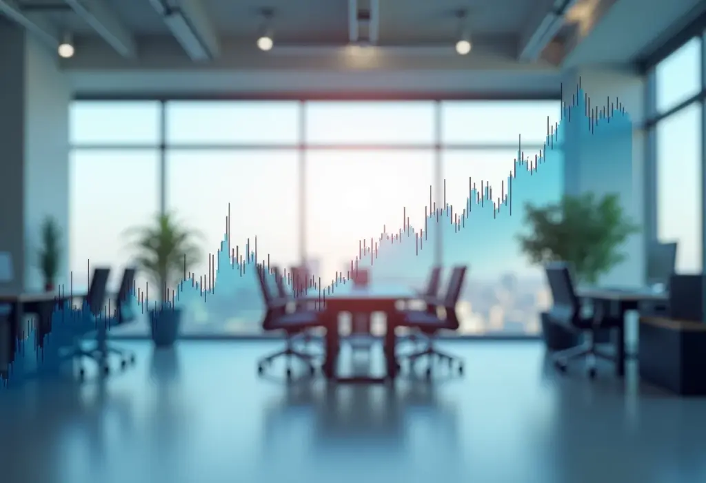 Gráfico financeiro sobreposto em escritório moderno, representando day trade e swing trade.