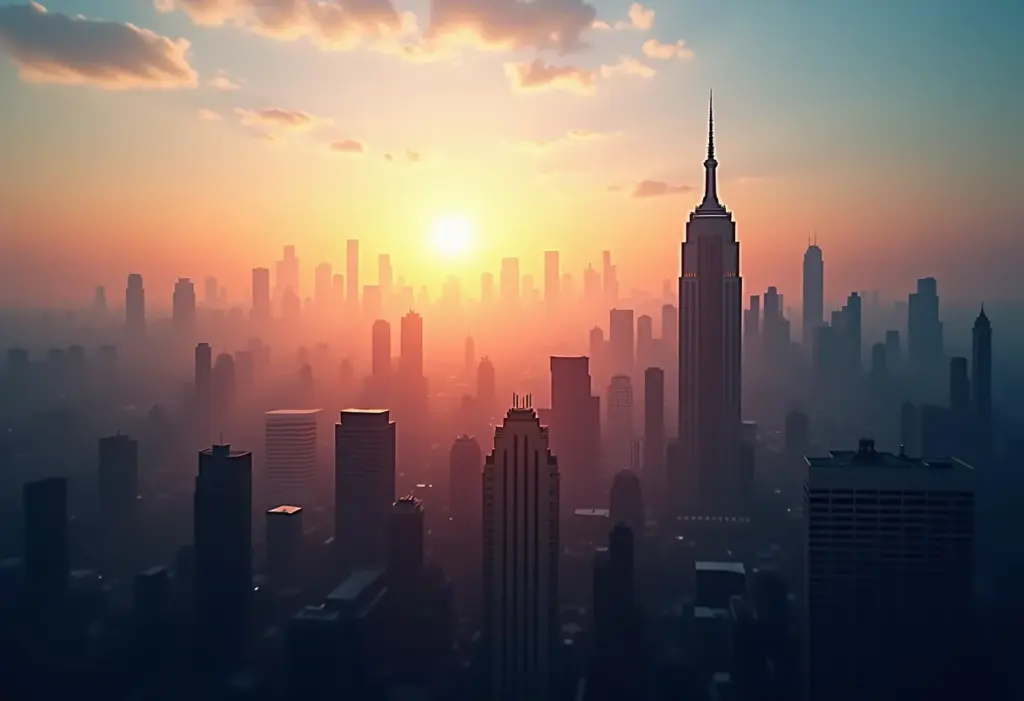 Gráficos financeiros abstratos se fundindo com paisagem urbana ao amanhecer, representando Open Finance