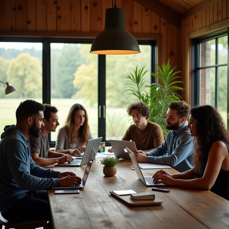 Grupo diverso trabalhando em espaço de coworking rural