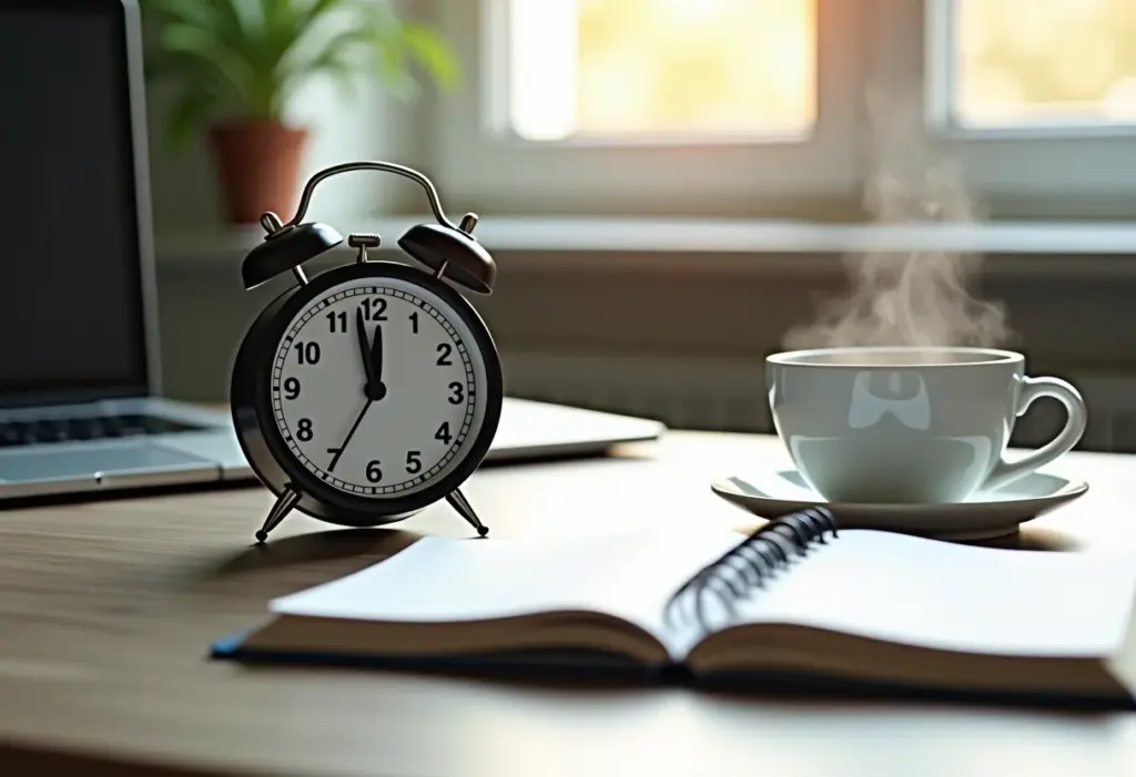 Imagem de mesa de trabalho organizada com timer e caderno aberto, representando o método Pomodoro
