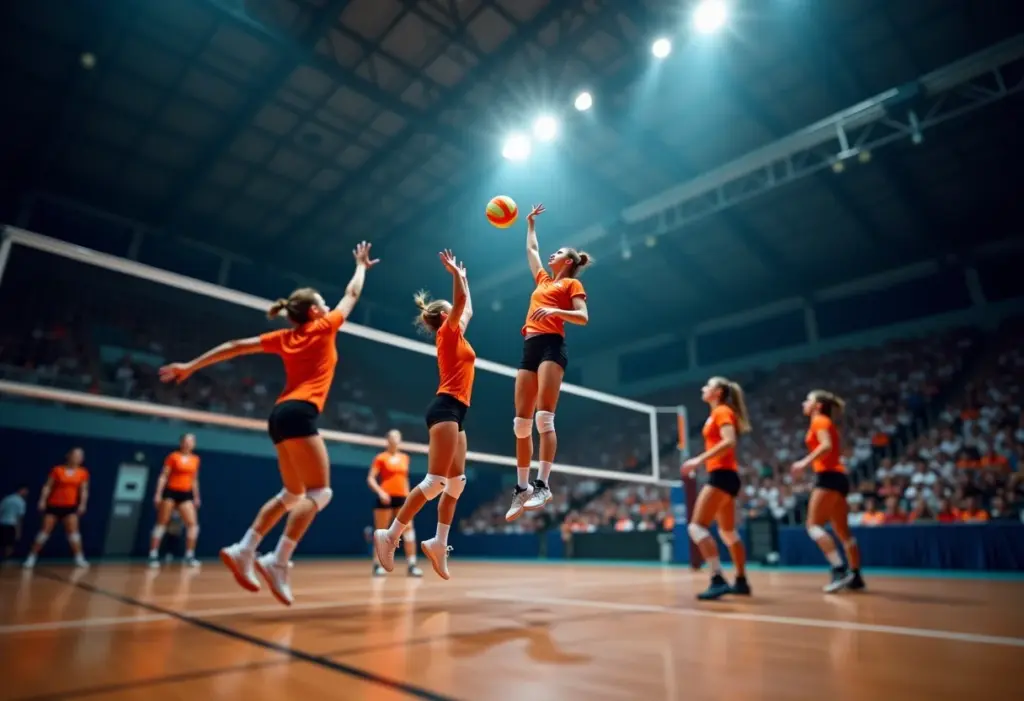 Imagem de um jogo de vôlei profissional com jogadores em ação.