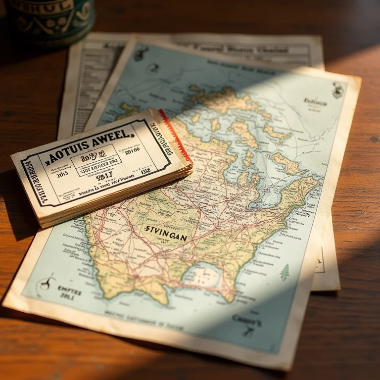 Ingressos antigos, mapa e programa do festival de Woodstock em uma mesa de madeira.