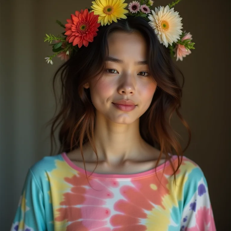 Jovem segurando uma fotografia antiga e vestindo camisa tie-dye.