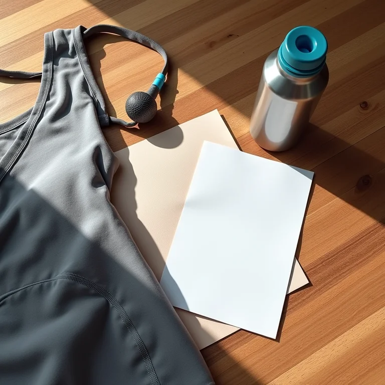 Kit básico para iniciantes no atletismo: garrafa de água, roupas confortáveis e cartão motivacional.