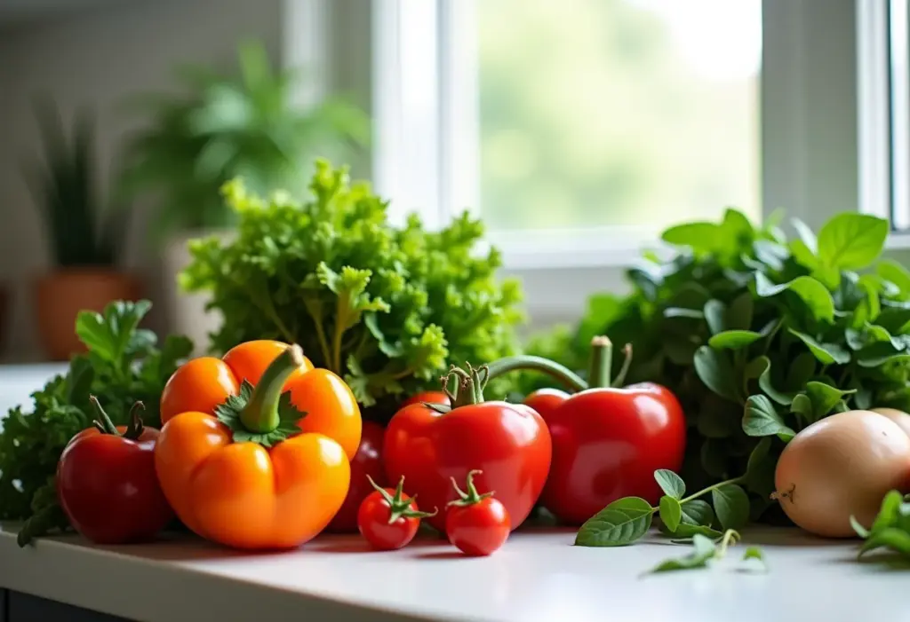 Legumes e verduras higienizadas em uma cozinha moderna.