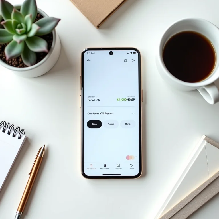 Link de pagamento exibido em um smartphone em um ambiente de trabalho organizado.