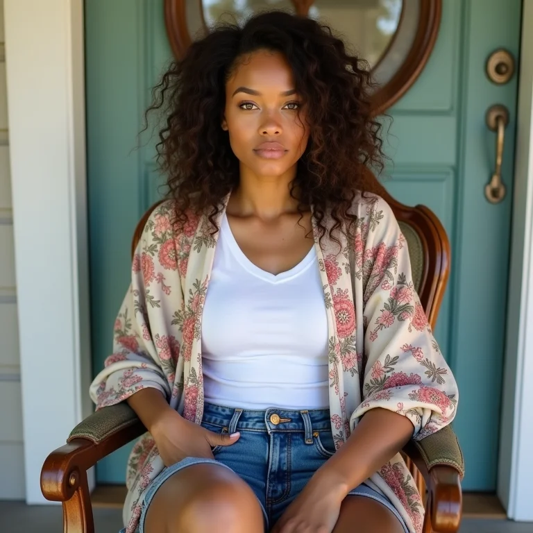 Look boho com camiseta branca, shorts jeans e kimono