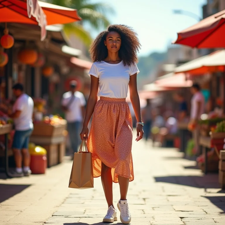 Look despojado com camiseta branca, saia midi e tênis