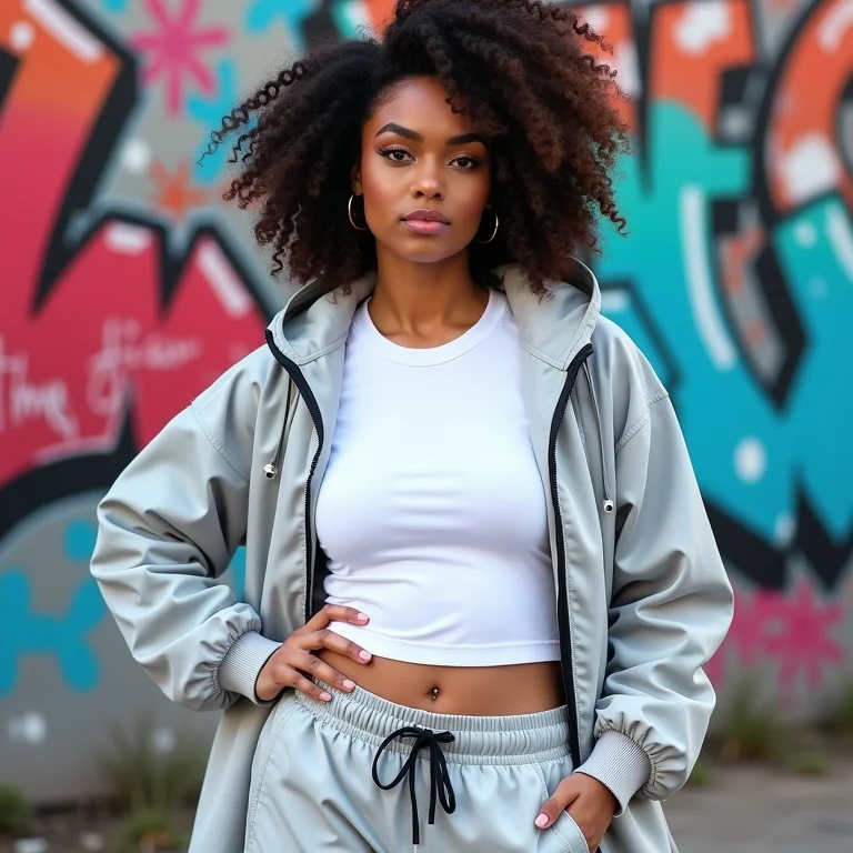 Look esportivo com camiseta branca, calça jogger e jaqueta corta-vento