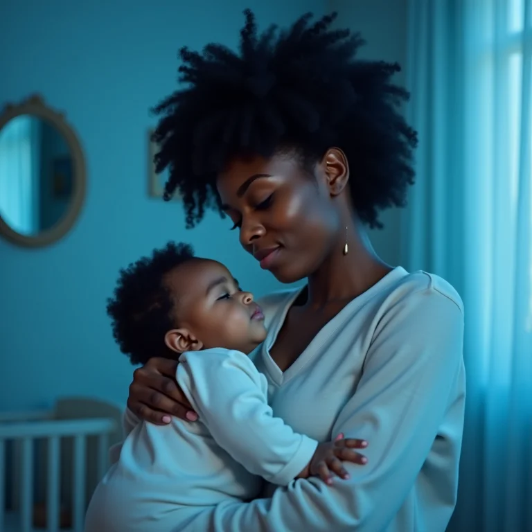 Mãe negra ninando bebê em quarto azul