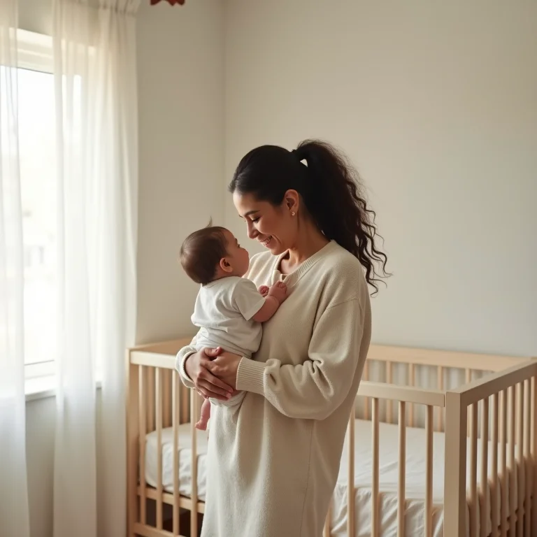 Mãe parda segurando bebê em quarto minimalista