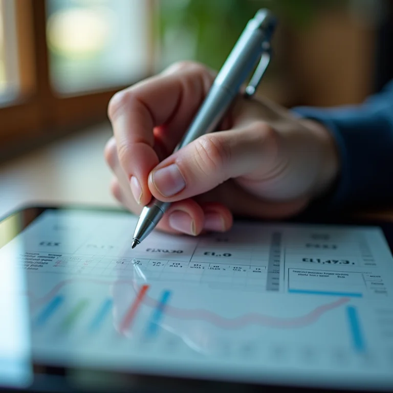 Mão escrevendo em tablet digital sobre finanças