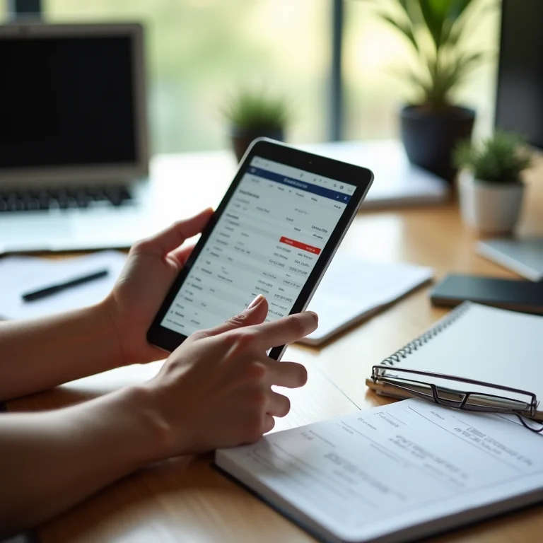 Mãos comparando produtos financeiros em um tablet.