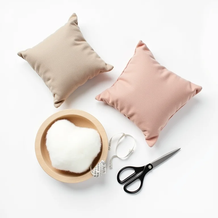 Materiais para almofadas sem costura dispostos em flat lay.