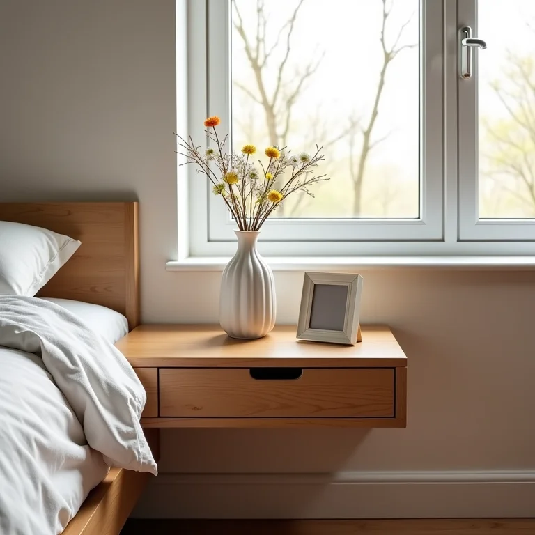 Mesa de cabeceira suspensa decorada com flores e porta-retrato