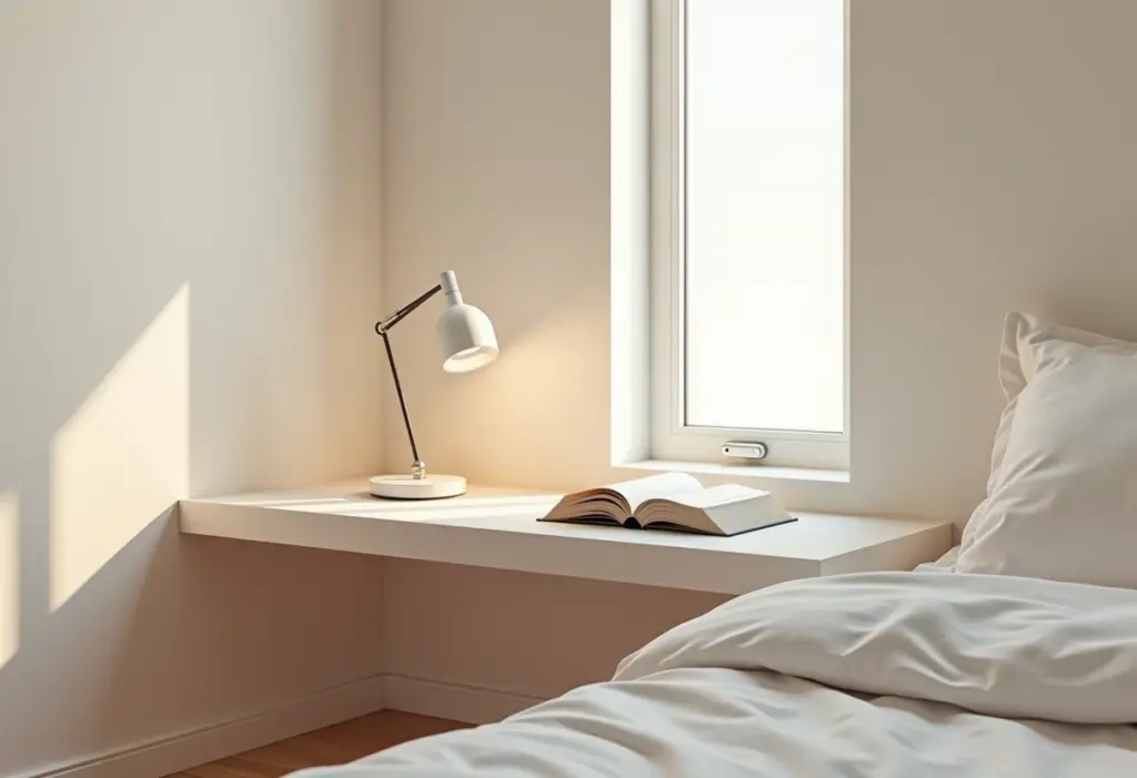 Mesa de cabeceira suspensa em quarto minimalista