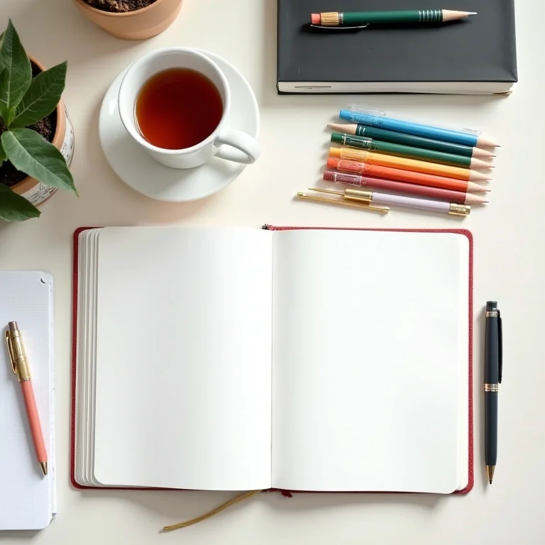 Mesa de estudos organizada com materiais e acessórios