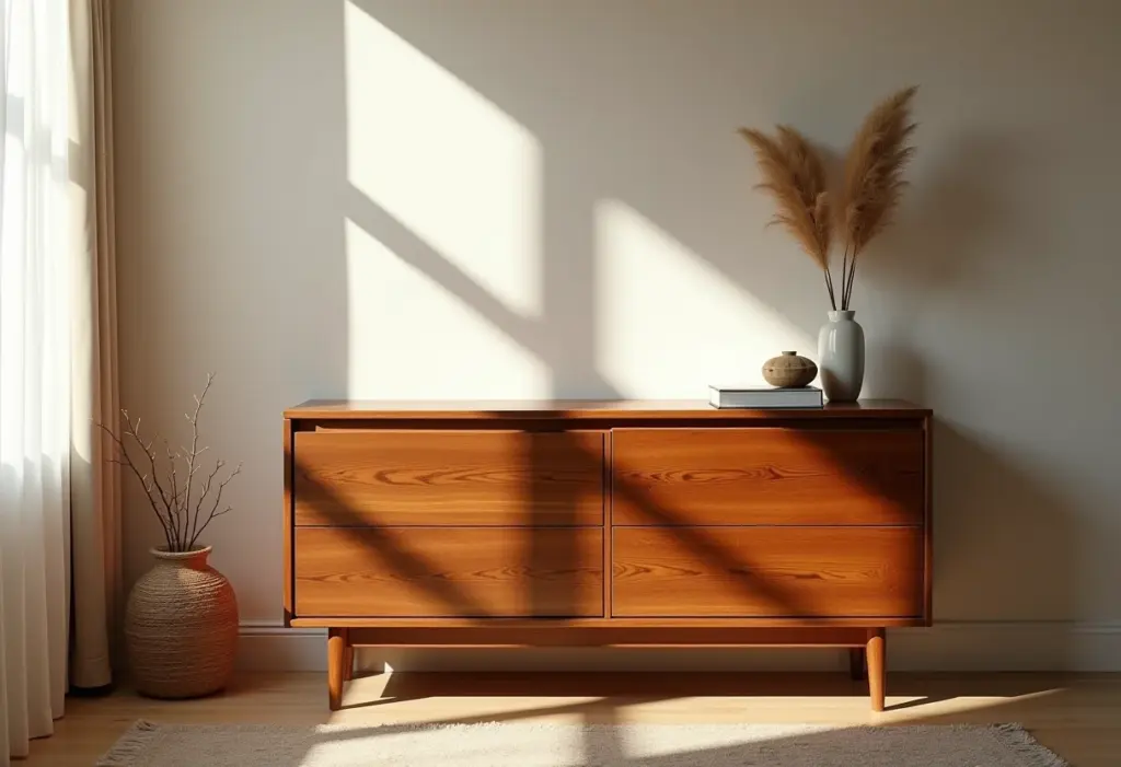 Móvel de madeira restaurado em ambiente acolhedor