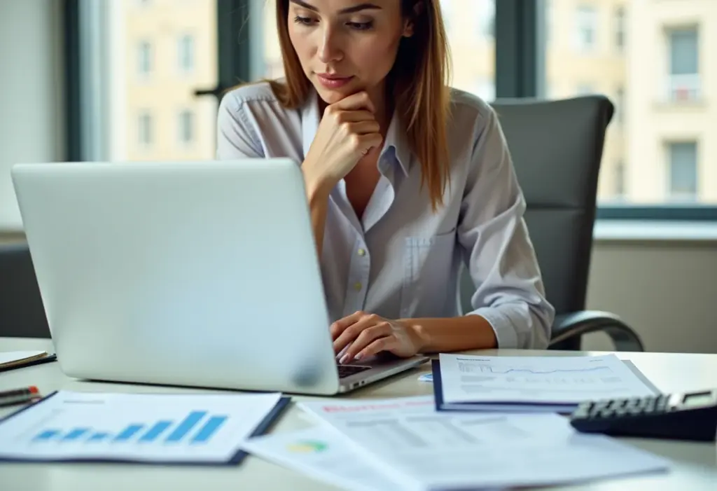Mulher analisando documentos financeiros em sua mesa