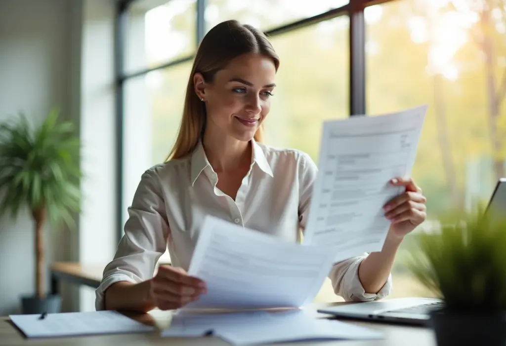 Mulher analisando investimentos em escritório moderno