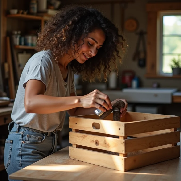 Mulher aplicando stain em caixote de feira para projeto DIY