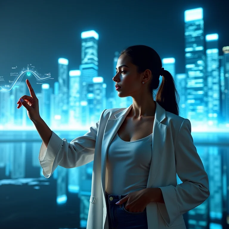 Mulher apontando confiantemente para projeção futurista de cidade com dados financeiros holográficos.