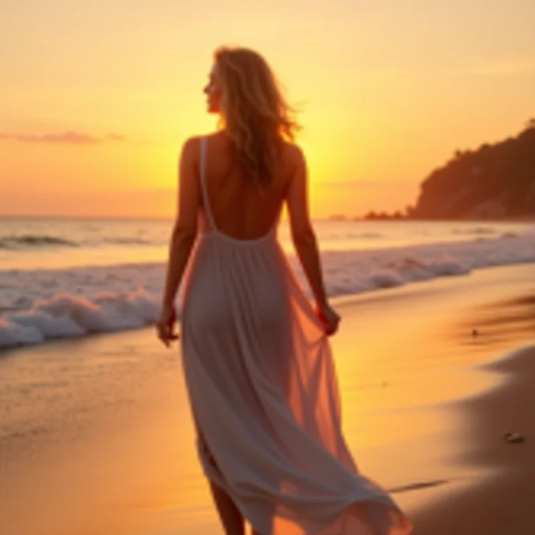 Mulher aproveitando o pôr do sol em uma praia de Phuket, Tailândia.