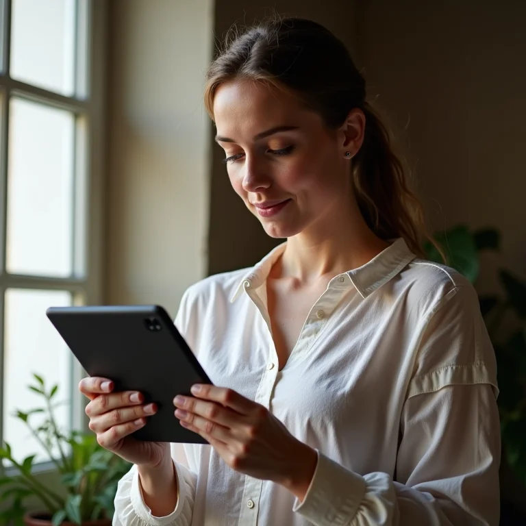 Mulher branca acessando o Gov.br em um tablet