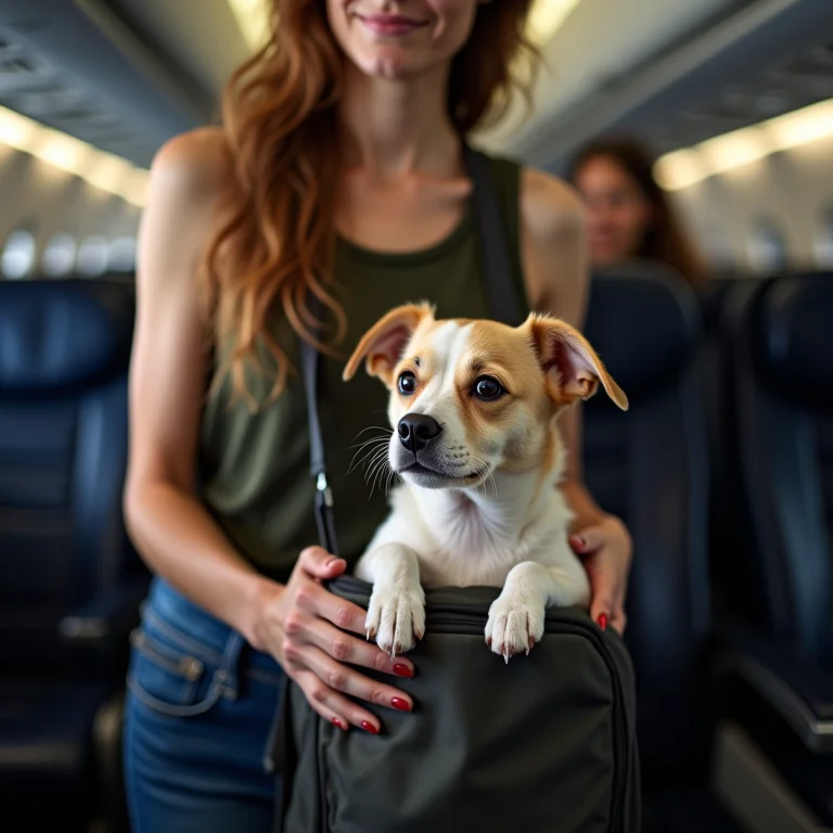 Mulher branca acomodando cachorro em caixa de transporte na cabine do avião