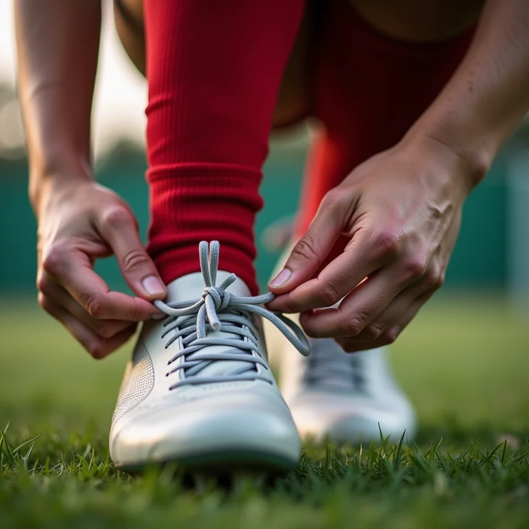 Mulher branca ajustando a tensão do cadarço da chuteira.