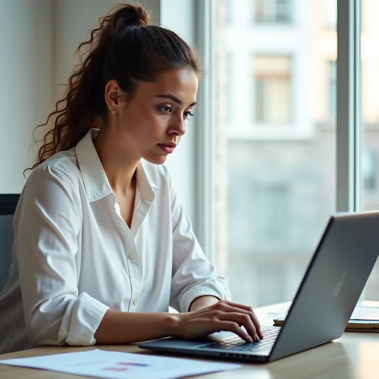 Mulher branca analisando comparativo de plataformas de pesquisa