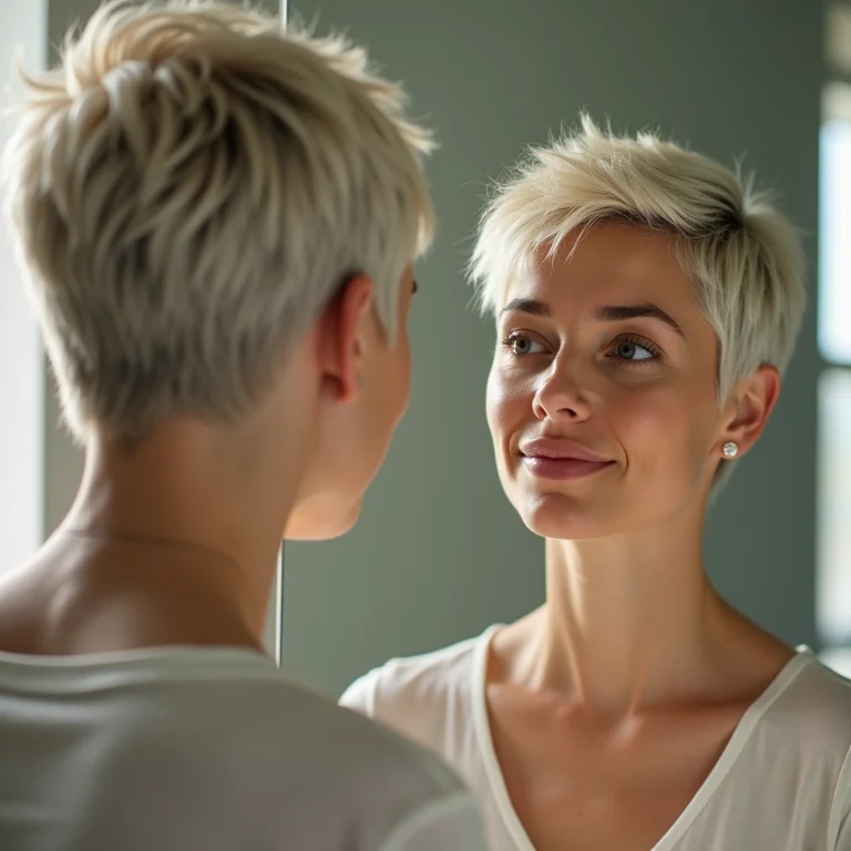 Mulher branca analisando o formato do rosto