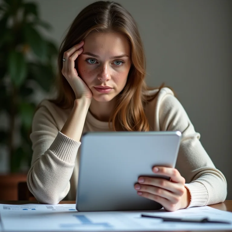 Mulher branca analisando score de crédito em tablet