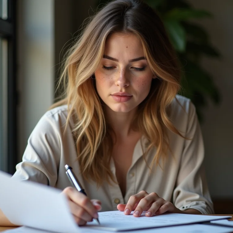 Mulher branca analisando um contrato de compra internacional com atenção.