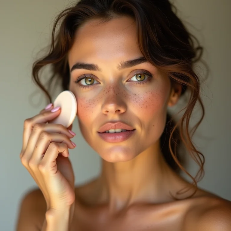 Mulher branca aplicando base leve com esponja para realçar a beleza natural.