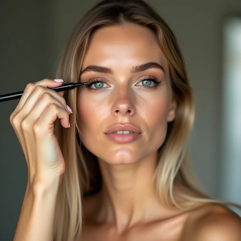 Mulher branca aplicando lápis marrom na linha externa dos olhos