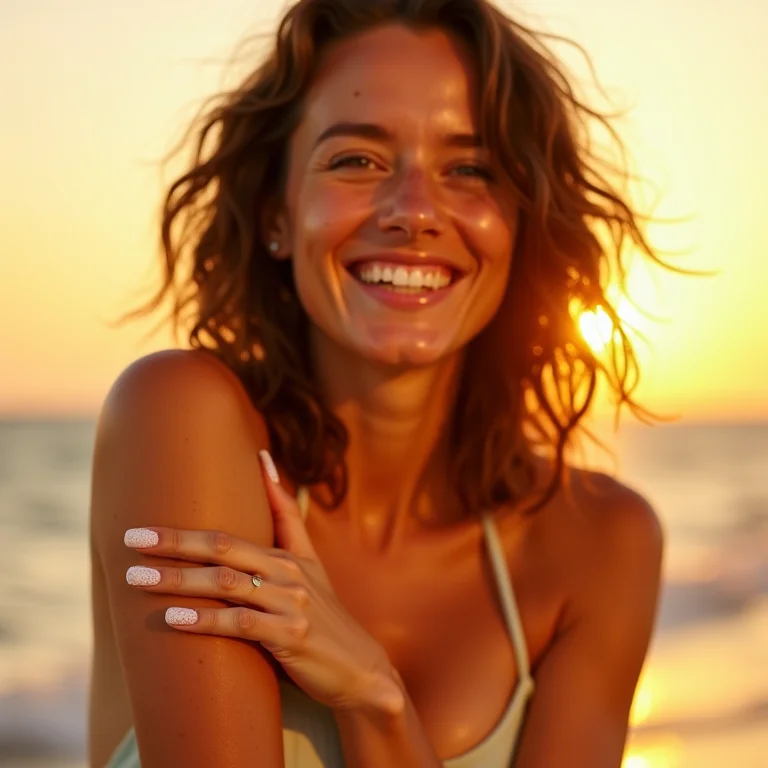 Mulher branca aplicando protetor solar na praia.