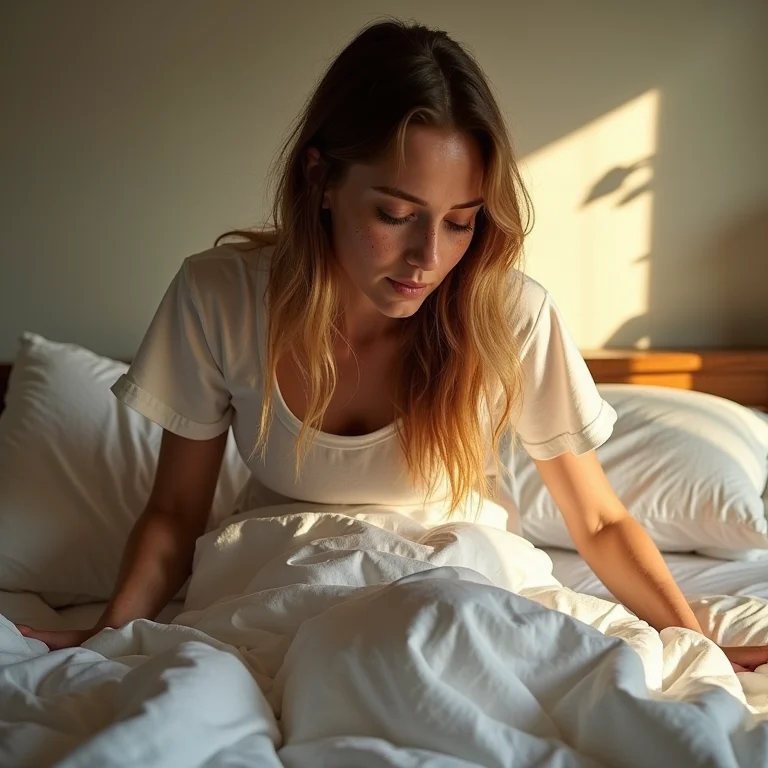 Mulher branca arrumando a cama pela manhã.