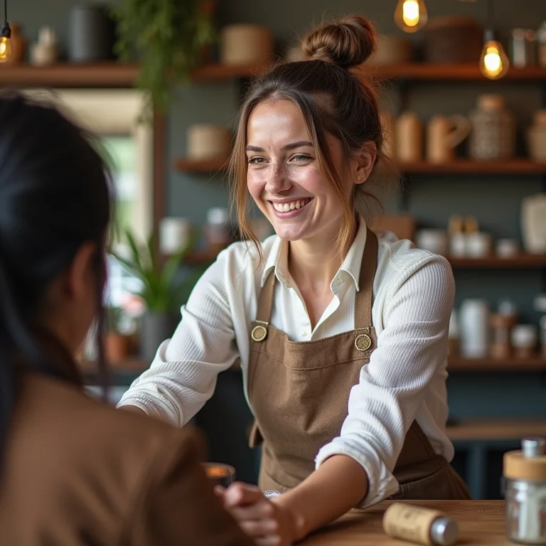 Mulher branca atendendo cliente em sua loja.