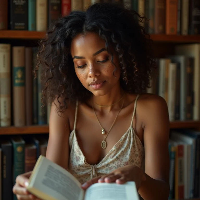 Mulher branca avaliando sua coleção de livros