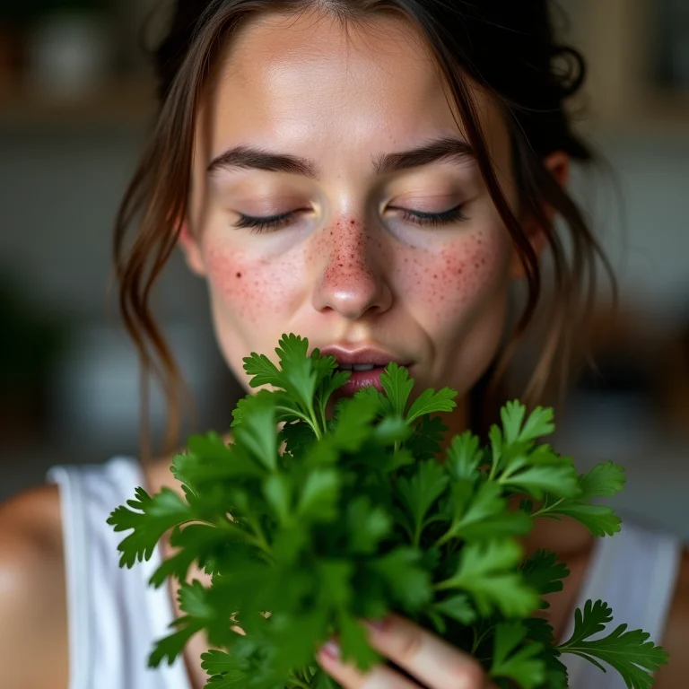 Mulher branca cheirando um buquê de ervas frescas