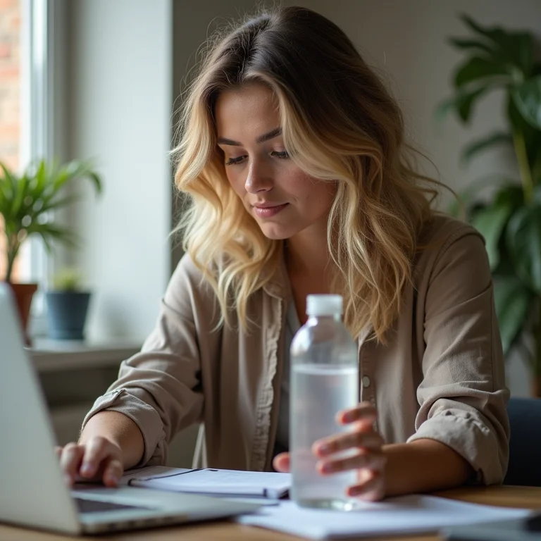 Mulher branca colocando garrafa de água na mesa