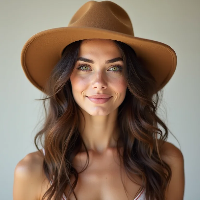 Mulher branca com diferentes formatos de rosto e chapéus