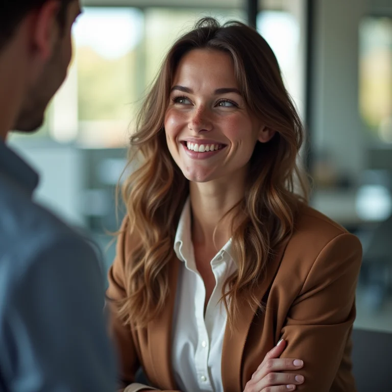 Mulher branca com sardas interagindo com colegas em um escritório moderno.