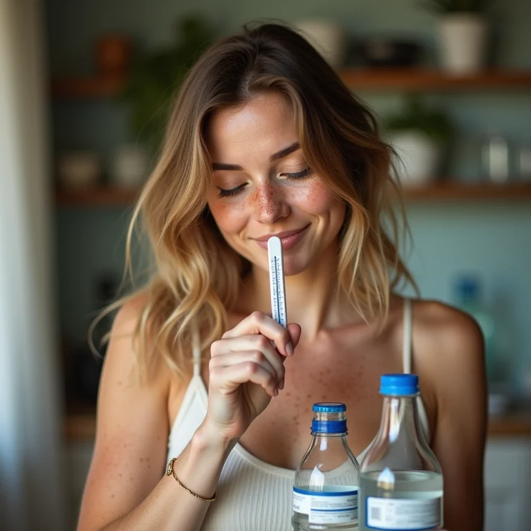 Mulher branca com sardas medindo a temperatura da água de diferentes garrafas térmicas.