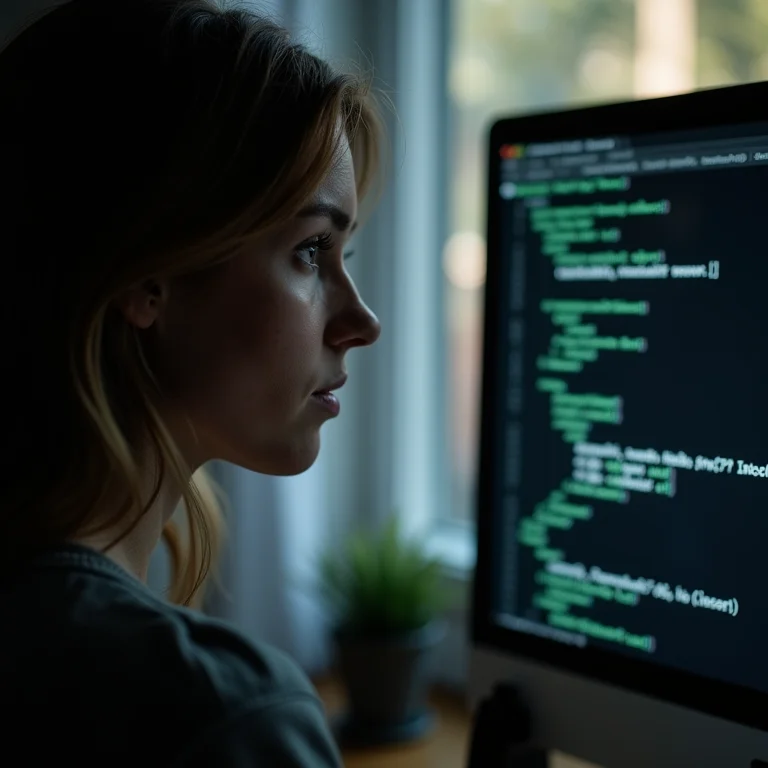 Mulher branca com sardas olhando para o endereço IPv4 no prompt de comando.