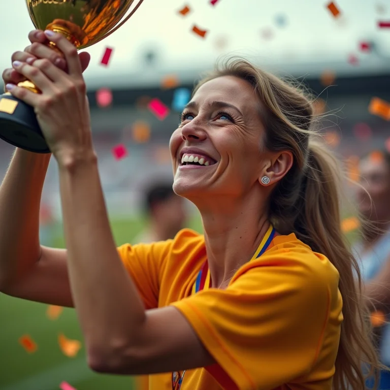 Mulher branca com sardas segurando um troféu de futebol, representando momentos de glória e superação