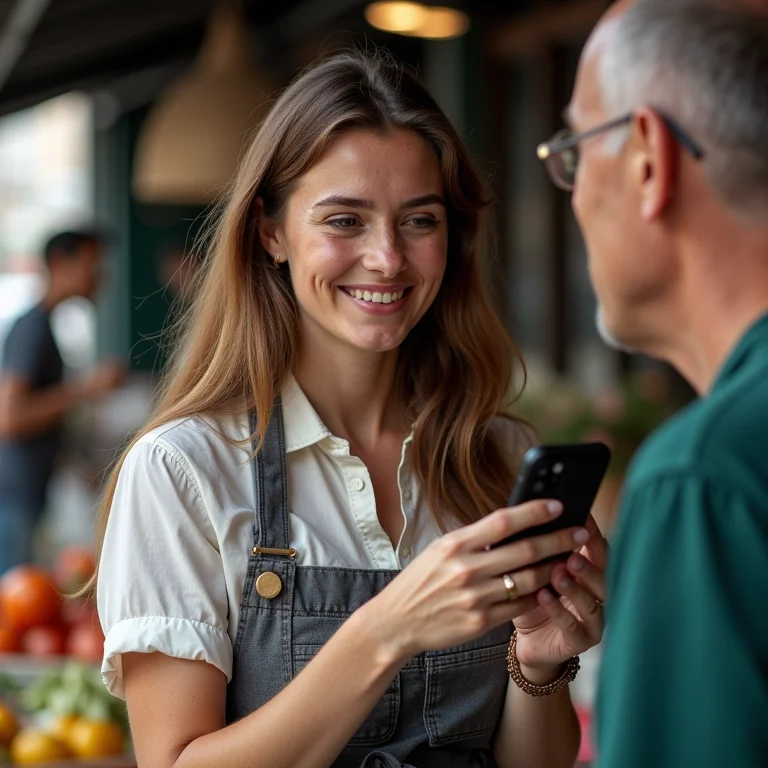 Mulher branca com sardas usando app de tradução para se comunicar em viagem